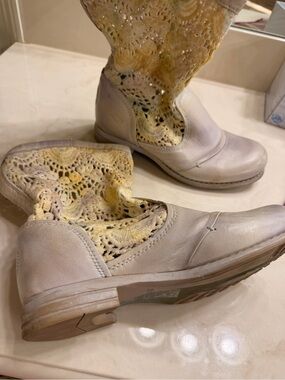 Women's Cream Leather Ankle Boots with Yellow Crochet Cuff